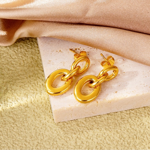 18K Gold Double Hoop Drop Earrings*Everyday Earrings*Waterproof and Tarnish Free - Picture 5 of 7